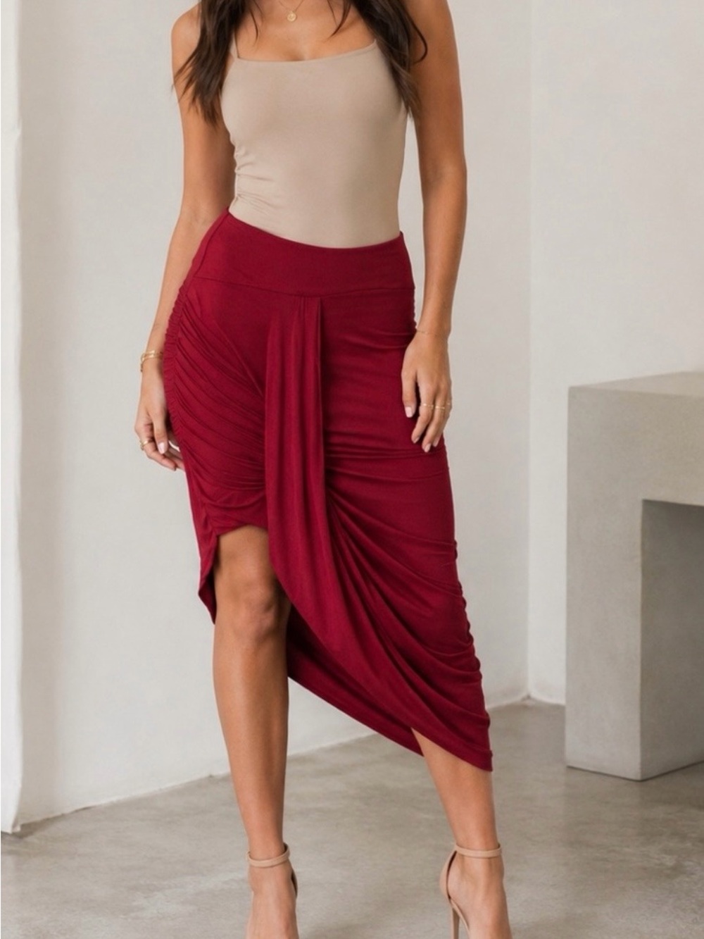Free People Burgundy Ruched Asymmetrical Skirt SEXY